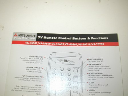 Mitsubishi Model 50111 - 50 inch Projector Monitor Remote and Manuals (Item #17) (Close Up Picture Of Model Numbers On Manual)